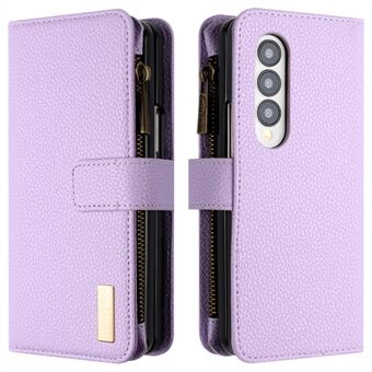 BINFEN COLOR Zipper Pocket PU Leather Case for Samsung Galaxy Z Fold4 5G , Wallet Stand Litchi Texture Phone Cover