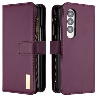 BINFEN COLOR For Samsung Galaxy Z Fold4 5G Matte Zipper Pocket Phone Case PU Leather Stand Wallet Cover