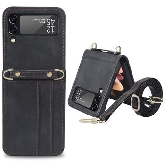 For Samsung Galaxy Z Flip4 5G Phone Cover with One-piece Design Anti-scratch PU Leather + PC Mobile Phone Case with Long Lanyard Card Holder