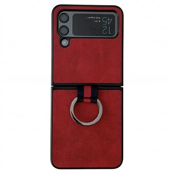 For Samsung Galaxy Z Flip4 5G Textured PU Leather Coated PC Back Cover Metal Ring Holder Folding Phone Case