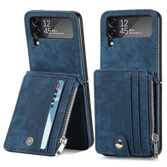 For Samsung Galaxy Z Flip4 5G Multiple Card Slots Zipper Pocket One-Piece Folding Phone Case Retro Texture Leather Coated PC Kickstand Cover