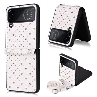 For Samsung Galaxy Z Flip4 5G Anti-scratch PU Leather Coated PC Phone Case Multiple Heart Shapes One-piece Phone Cover with Shoulder Strap