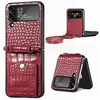 For Samsung Galaxy Z Flip4 5G Crocodile Texture Leather Coated PC Case Card Slots Wallet Kickstand Phone Cover with Shoulder Strap