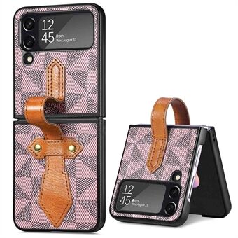 For Samsung Galaxy Z Flip4 5G Rhombus Pattern Wrist Band Phone Case PU Leather Coated PC Kickstand Cover