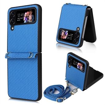 For Samsung Galaxy Z Flip4 5G Anti-scratch Woven Texture Anti-fall Leather Coated PC Phone Case with Adjustable Lanyard