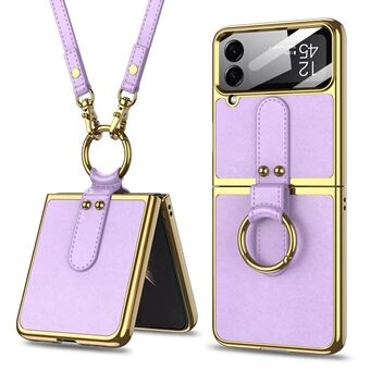 GKK For Samsung Galaxy Z Flip4 5G PU Leather + PC + Metal Electroplating Case Integrated Small Screen Film Anti-drop Phone Cover with Ring Kickstand and Shoulder Strap