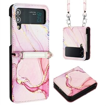 Pattern Printing Leather Series-6 Phone Case for Samsung Galaxy Z Flip4 5G Marble Pattern PU Leather Drop-proof Cover with Long Strap