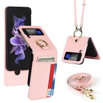 For Samsung Galaxy Z Flip4 5G Cross Texture PU Leather Card Holder Phone Case Ring Holder Kickstand Inner PC Cover with Shoulder Strap