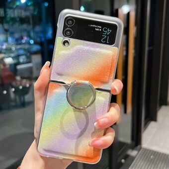 For Samsung Galaxy Z Flip4 5G Rainbow Gradient Color Glittery Folding Phone Case PU Leather Coated PC Cover with Ring Holder