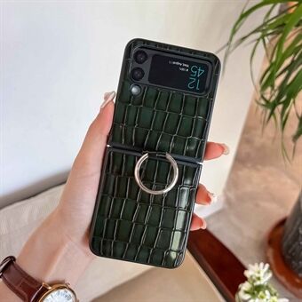 For Samsung Galaxy Z Flip4 5G Ring Holder Crocodile Texture Folding Phone Case PU Leather Coated Hard PC Back Cover