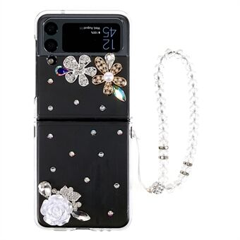 For Samsung Galaxy Z Flip4 5G White Camellia Rhinestone Design Glitter Sparkly Cover Hard PC Anti-scratch Phone Case with Bracelet Strap