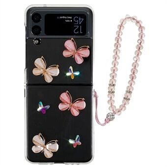 For Samsung Galaxy Z Flip4 5G Butterflies Rhinestone Shiny Back Case Shockproof Hard PC Folding Phone Cover with Bracelet Strap