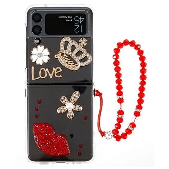 For Samsung Galaxy Z Flip4 5G Crown Red Lips Rhinestone Decor Back Cover Hard PC Protective Phone Case with Bracelet Strap