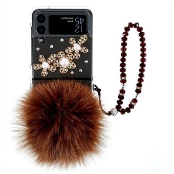 For Samsung Galaxy Z Flip4 5G Rhinestone Decor Fluffy Coffee Ball Phone Case Hard PC Drop Protection Back Cover with Bracelet Strap