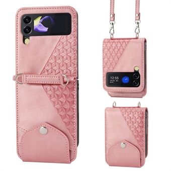 For Samsung Galaxy Z Flip4 5G Imprinted Rhombus Pattern Calf Texture PU Leather Case Card Holder Stand Phone Case with Shoulder Strap