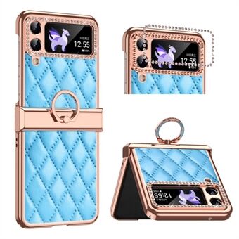 For Samsung Galaxy Z Flip4 5G Ring Kickstand PU Leather Coated PC Phone Case Rhinestone Decor Electroplate Imprinted Rhombus Grid Pattern Shockproof Cover