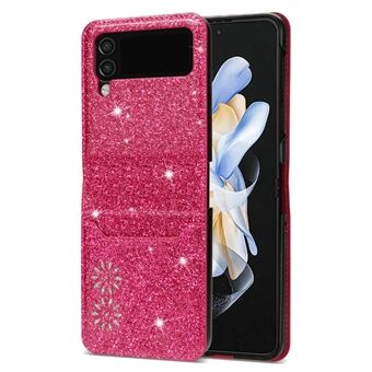 For Samsung Galaxy Z Flip4 5G Card Slot Design Laser Carving Glittery Starry Style PU Leather Coated Hard PC Case Back Cover