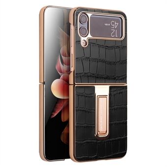 QIALINO Shockproof Case for Samsung Galaxy Z Flip4 5G Hard PC Genuine Leather Cover Anti-Drop Phone Case with Kickstand