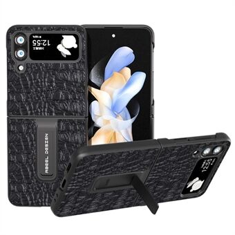 ABEEL For Samsung Galaxy Z Flip4 5G Protective Cover Genuine Cow Leather+PC Kickstand Phone Case