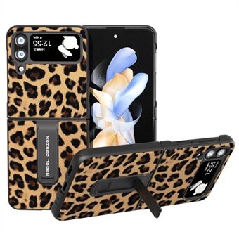 ABEEL For Samsung Galaxy Z Flip4 5G Anti-Scratch Phone Case Leopard Pattern PU Leather + PC Kickstand Cover