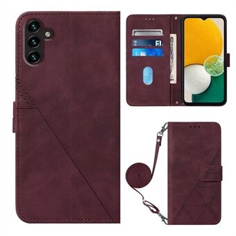 YB Imprinting Series-2 For Samsung Galaxy A14 5G Business Phone Foldable Stand Case PU Leather Imprinted Lines Wallet Cover with Shoulder Strap