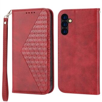 For Samsung Galaxy A14 5G Rhombus Pattern Imprinted Calf Texture PU Leather Stand Case Magnetic Closing Wallet Phone Cover with Strap