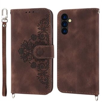 For Samsung Galaxy A14 5G Skin-touch Imprinted Flowers Leather Case Multiple Card Slots Phone Stand Wallet Cover with Wrist Strap and Shoulder Strap