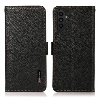 KHAZNEH for Samsung Galaxy A14 5G / A14 4G Dual Magnetic Clasp RFID Blocking Anti-fall Phone Case Litchi Texture Genuine Leather Stand Wallet Cover