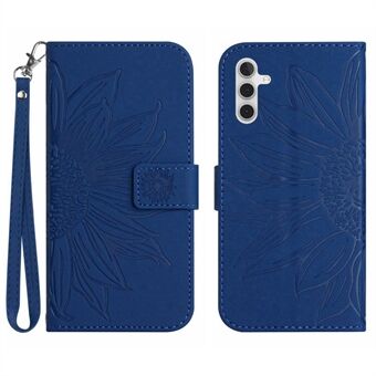 For Samsung Galaxy A14 5G HT04 Imprinted Sunflower Skin-Touch Phone Case PU Leather Stand Wallet Cover with Hand Strap