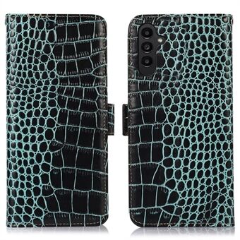 For Samsung Galaxy A14 5G Genuine Cowhide Leather Side Magnetic Clasp Phone Case Crocodile Texture RFID Blocking Stand Wallet Cover