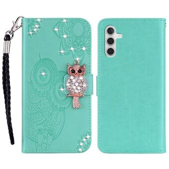 For Samsung Galaxy A14 5G Rhinestone Decor Scratch Resistant Phone Cover, Imprinting Owl Flower Pattern Stand Wallet Leather Case