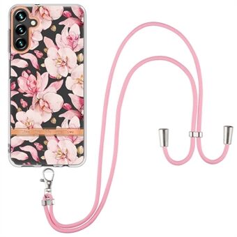 YB IMD-11 Series for Samsung Galaxy A14 5G IMD TPU Phone Case Flower Pattern Electroplating Anti-scratch Back Cover with Lanyard