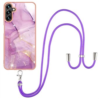 For Samsung Galaxy A14 5G YB IMD Series-9 Marble Pattern IMD IML Process Protective Case Soft TPU Electroplating Frame Phone Cover with Lanyard