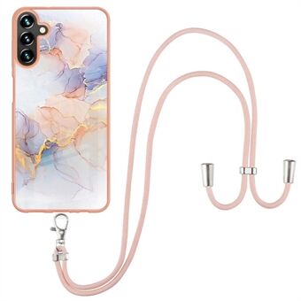 For Samsung Galaxy A14 5G YB IMD Series-4 IMD IML Electroplating Frame Phone Case Marble Flower Pattern Soft TPU Protective Cover with Lanyard