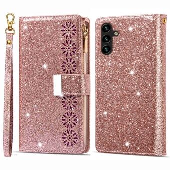 For Samsung Galaxy A14 5G PU Leather Phone Case Zipper Wallet Stand Laser Carving Glittery Starry Style Card Holder Protective Phone Cover with Strap