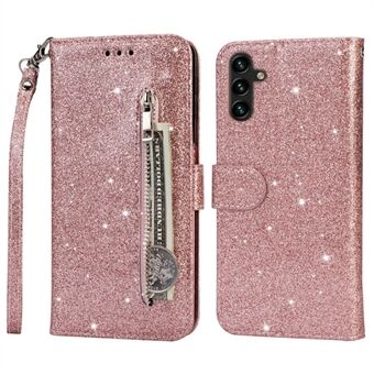 For Samsung Galaxy A14 5G Zipper Pocket Glittery Sequins Phone Cover PU Leather Wallet Stand Anti-scratch Smartphone Case