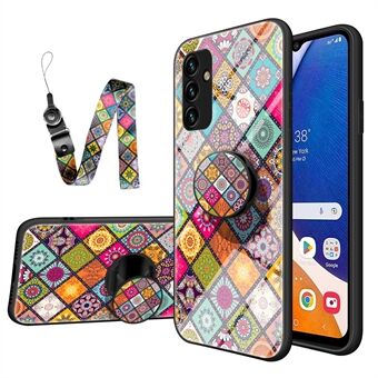 For Samsung Galaxy A14 5G Flower Pattern Design Phone Case PC + TPU + Tempered Glass Shockproof Protection Kickstand Cover with Lanyard