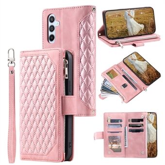 For Samsung Galaxy A14 4G / 5G PU Leather Phone Case Rhombus Imprinted Zipper Wallet Cover with Strap