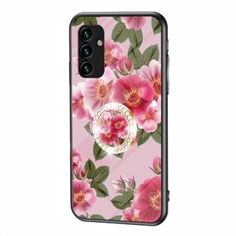 For Samsung Galaxy A14 5G Flower Pattern Phone Cover Tempered Glass+PC+TPU Case with Kickstand