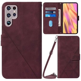 YB Imprinting Series-2 For Samsung Galaxy S23 Ultra Business PU Leather Imprinted Lines Wallet Cover Phone Stand Case with Shoulder Strap