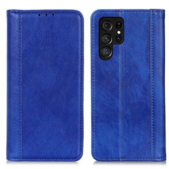 For Samsung Galaxy S23 Ultra Drop-proof Litchi Texture Phone Case Split Leather Auto Closing Magnetic Flip Wallet Cover with Stand