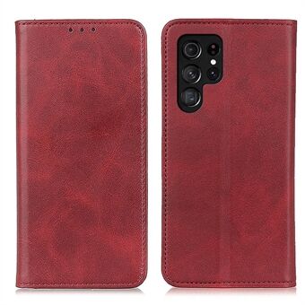 For Samsung Galaxy S23 Ultra Anti-scratch Magnetic Auto Closing Phone Case Cowhide Texture Split Leather Flip Wallet Cover with Stand