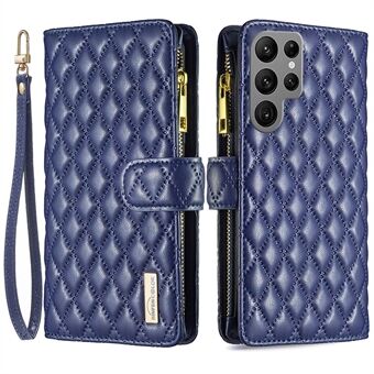 BINFEN COLOR BF Style-15 for Samsung Galaxy S23 Ultra Shockproof Phone Case Stand Imprinted Rhombus Pattern Zipper Pocket Flip Leather Wallet Cover