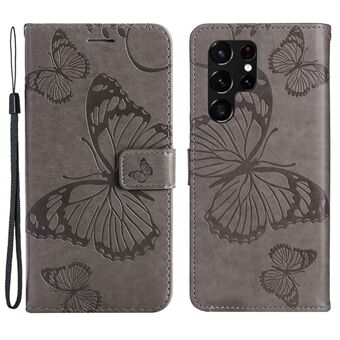 KT Imprinting Flower Series-2 Phone Case for Samsung Galaxy S23 Ultra PU Leather Imprinted Butterfly Pattern Magnetic Clasp Stand Flip Wallet Cover