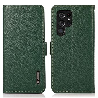 KHAZNEH for Samsung Galaxy S23 Ultra Dual Magnetic Clasp RFID Blocking Wallet Case Litchi Texture Genuine Leather Foldable Stand Anti-drop Cover