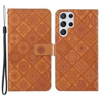 For Samsung Galaxy S23 Ultra Mobile Phone Cover Anti-fading Ethnic Style Imprinted Flower Pattern Phone Case PU Leather+TPU Stand Wallet