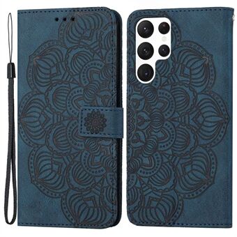 For Samsung Galaxy S23 Ultra PU Leather Soft TPU Folio Flip Cover Imprinted Mandala Flower Wallet Phone Case with Strap