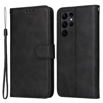 For Samsung Galaxy S23 Ultra Phone Cover Classic Calf Texture PU Leather Magnetic Clasp Wallet Stand Case with Wrist Strap