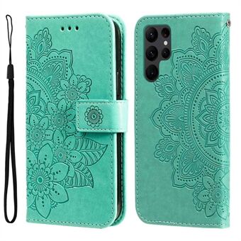 Flower Imprinting Anti-fall Phone Case For Samsung Galaxy S23 Ultra, Foldable Stand PU Leather Phone Wallet Cover with Strap