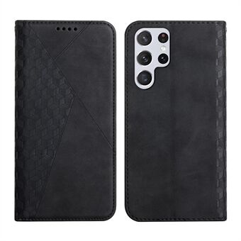 For Samsung Galaxy S23 Ultra Skin-touch PU Leather Wallet Phone Case Imprinted Rhombus Pattern Stand Magnetic Auto-absorbed Flip Cover